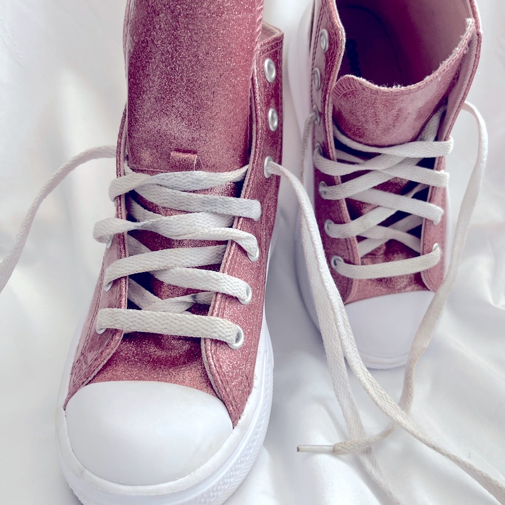 High Top Luggage Blush Pink Glitter Youth converse Shoes - Picture 2 of 7